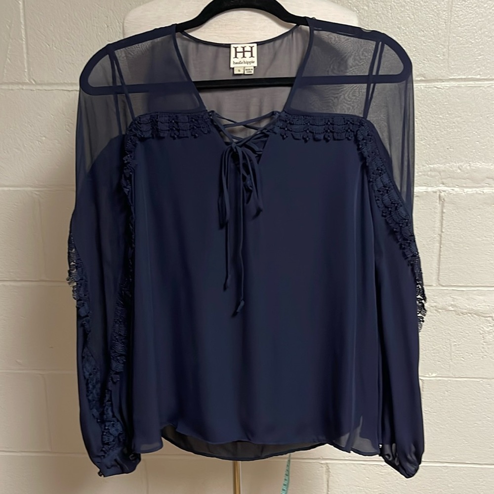 Haute Hippie Navy Sheer Lace-Up Blouse